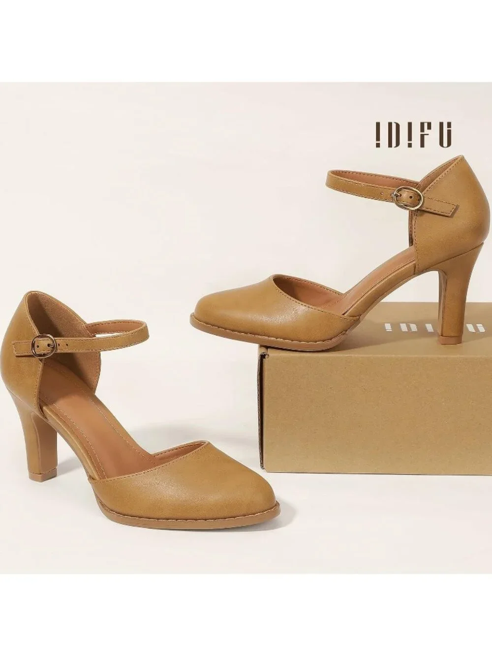 Women's Light Brown Pu Closed Toe Chunky High Heel Comfortable Dress Pumps Shoes